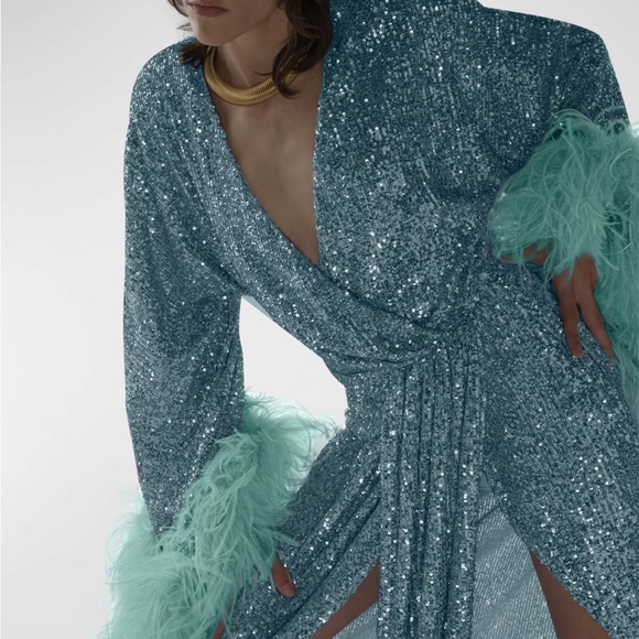 NERVI Mint Sequin Gown With Feather Trim - Picture 2 of 3